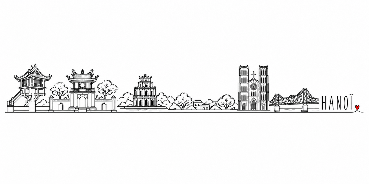 Skyline de Hanoï dessiné au trait noir continu, de gauche à droite : la pagode au pilier unique sur son bassin, les arbres, le portique du temple et ses toits retroussés, la tour de la Tortue au milieu du lac, les arbres et les maisons basses, la cathédrale à deux tours et sa rosace, le pont métallique en treillis — avec le nom HANOÏ en capitales espacées et un petit cœur rouge