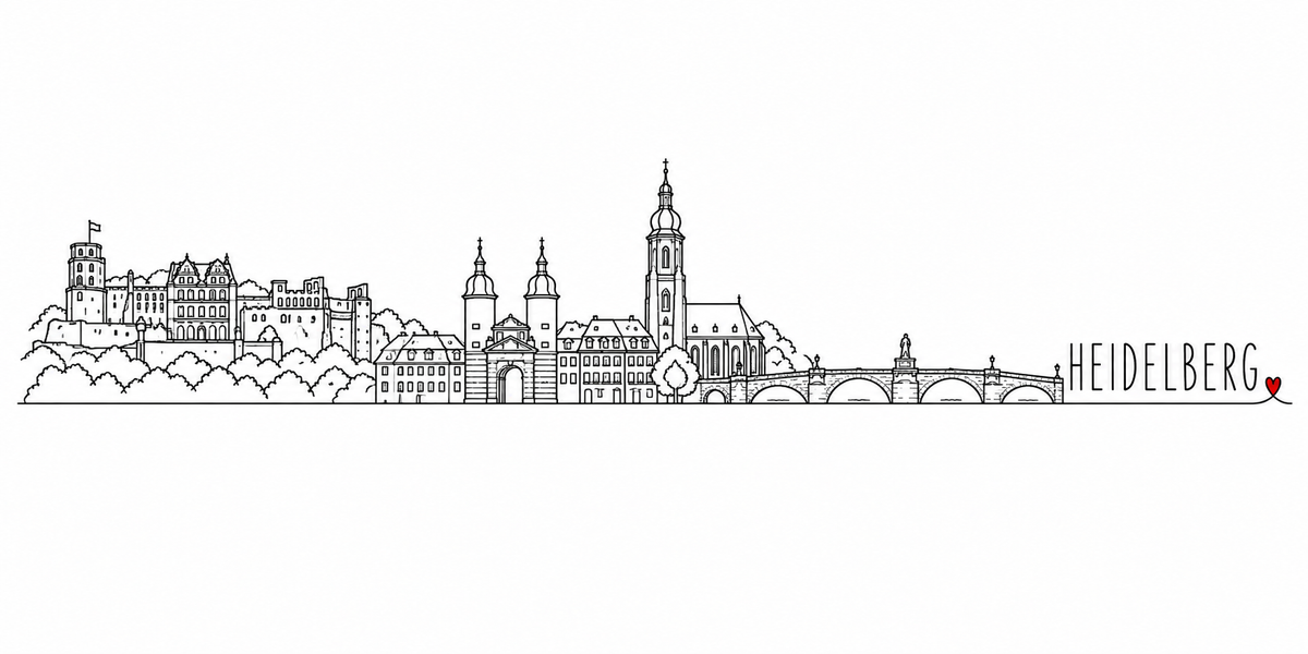 Skyline de Heidelberg dessiné au trait noir continu, de gauche à droite : le château en ruine sur son flanc boisé, sa tour ronde à drapeau et ses corps de logis Renaissance, les arbres, les maisons du bord de fleuve, la porte du pont et ses deux tours à bulbe, l'église gothique et son haut clocher à bulbe, le pont de pierre à arches et sa statue sur socle — avec le nom HEIDELBERG en capitales espacées et un petit cœur rouge