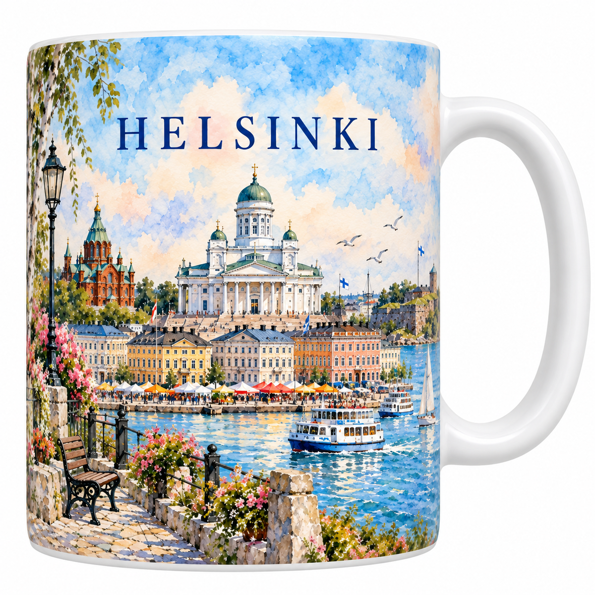 Mug Helsinki aquarelle en céramique blanche 330 ml, cathédrale luthérienne blanche à dôme vert, Ouspenski en brique rouge, marché du port et ferry