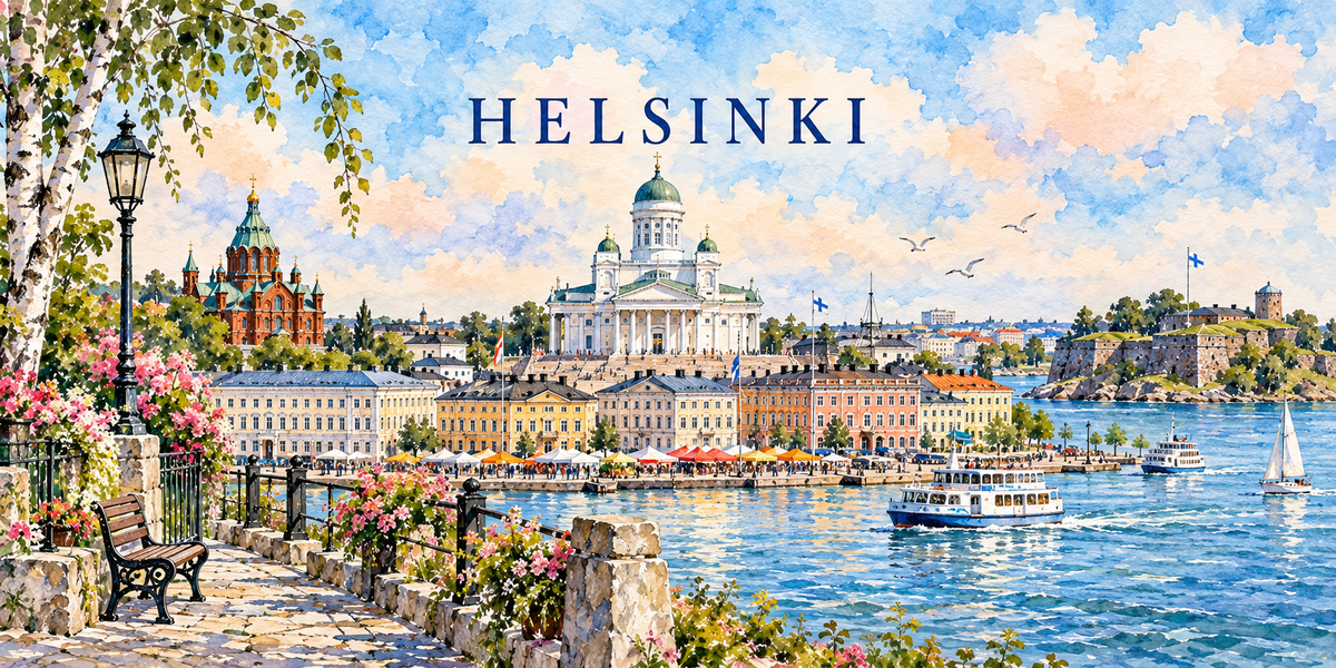 Aquarelle d'Helsinki : cathédrale luthérienne blanche à dôme vert, Ouspenski en brique rouge et ses coupoles, façades pastel du port, tentes du marché, ferry blanc, voilier, banc et bouleaux du quai