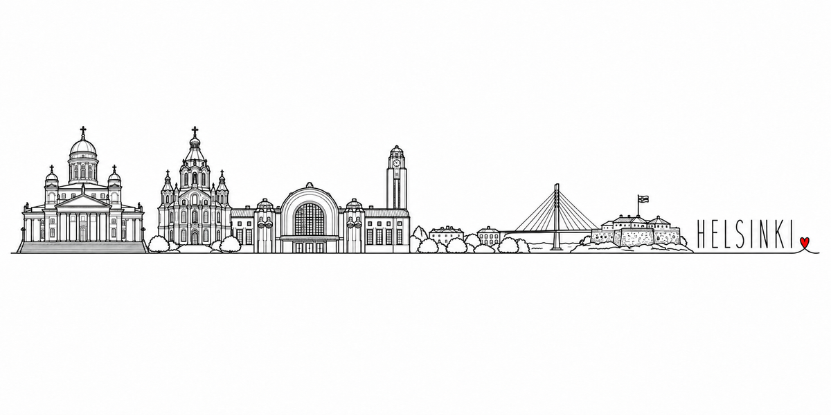 Skyline d'Helsinki dessiné au trait noir continu, de gauche à droite : la cathédrale blanche à coupole et clochetons en haut de son grand escalier, les arbres, la cathédrale orthodoxe à bulbes, la gare et sa large arche vitrée encadrée de figures de granit porte-lanternes et sa tour-horloge, les maisons et les arbres, le pont à haubans, la forteresse et son drapeau sur son île — avec le nom HELSINKI en capitales espacées et un petit cœur rouge