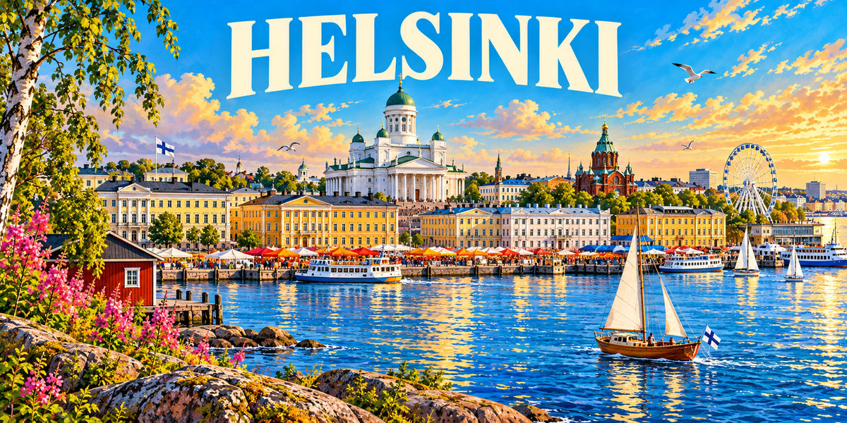 Illustration affiche vintage Helsinki : cathédrale blanche au dôme vert, Ouspenski aux bulbes dorés, façades pastel du port, grande roue et voiliers