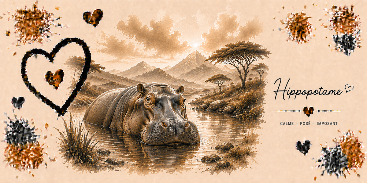 Design du mug Hippopotame : hippopotame dans la rivière de la savane, gravure sépia, cœur noir et taches dorées