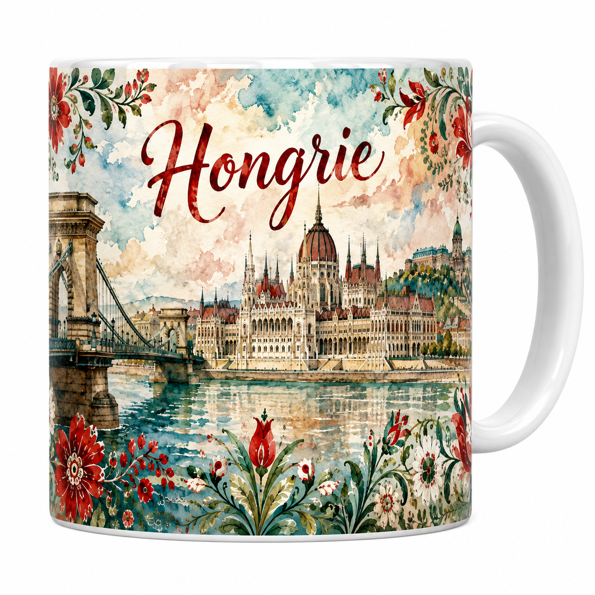 Mug céramique 330 ml Hongrie aquarelle : pont des Chaînes, Parlement de Budapest et motifs floraux