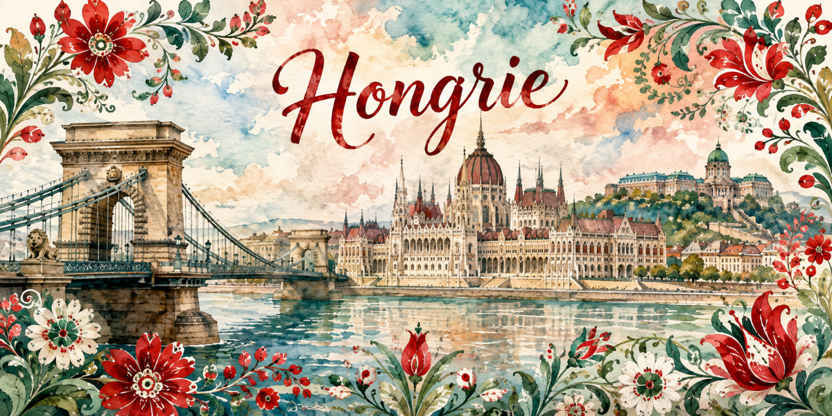 Visuel Hongrie aquarelle : Parlement de Budapest sur le Danube et broderies florales de Kalocsa