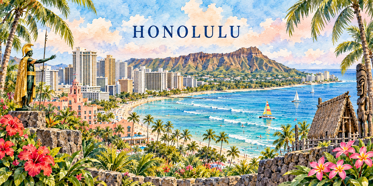 Illustration aquarelle d'Honolulu : la statue dorée de Kamehameha au bras tendu, un tiki de bois, des hibiscus rouges, la plage de Waikiki, les surfeurs et Diamond Head