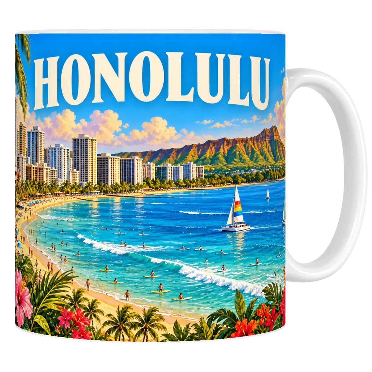 Mug en céramique blanc 330 ml, affiche Honolulu : baie de Waikiki, cratère de Diamond Head et hôtels du front de mer
