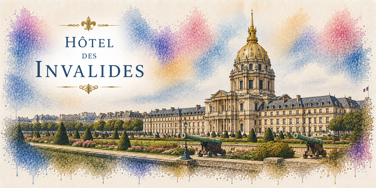 Visuel Hôtel des Invalides aquarelle : dôme doré, esplanade arborée et façade du XVIIe siècle