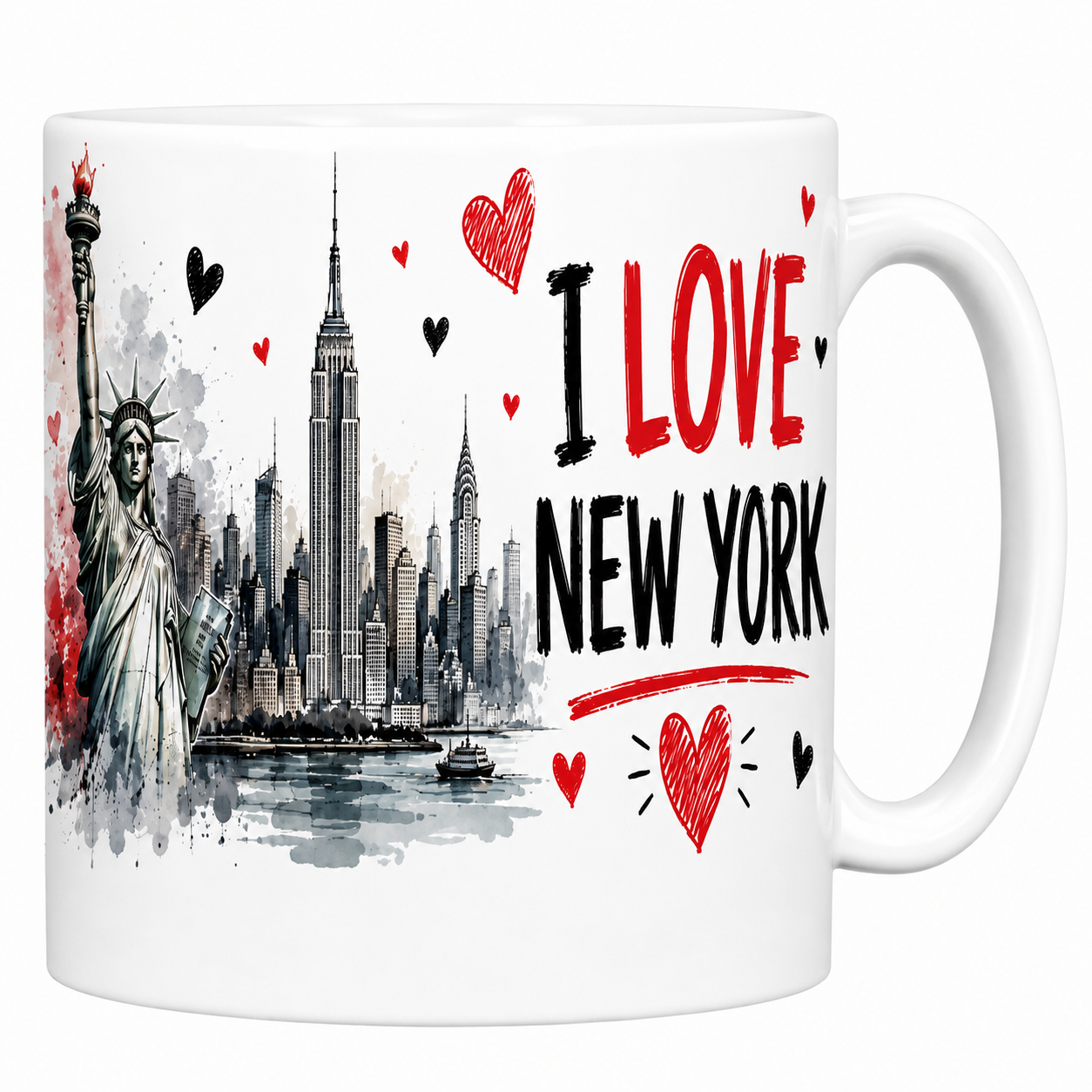 Mug I Love New York en céramique blanche, Statue de la Liberté et skyline aquarelle