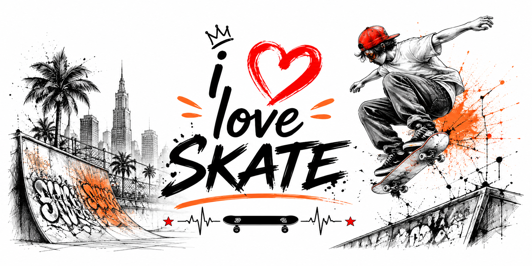 Visuel I Love Skate : ollie au-dessus du bowl, casquette rouge, graffitis, skyline et éclats orange