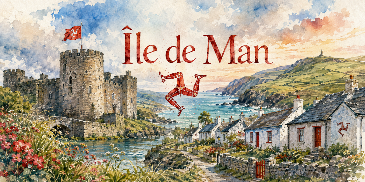 Visuel Île de Man aquarelle : château de pierre, triskèle rouge, cottages blancs et falaises