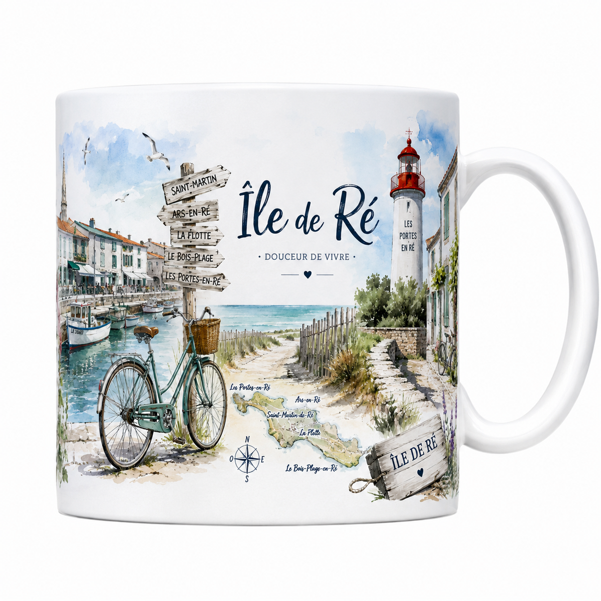Mug céramique blanc Île de Ré « Douceur de vivre » : vélo, phare et panneaux des villages en aquarelle