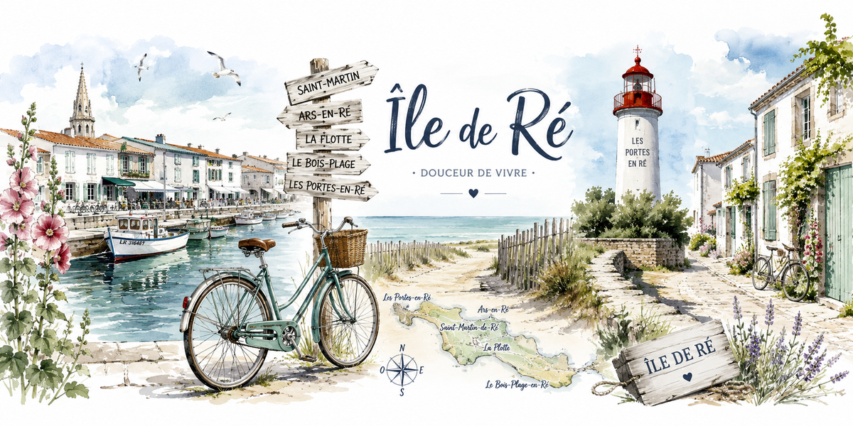 Design du mug Île de Ré : panneaux Saint-Martin à Les Portes-en-Ré, vélo, phare rayé, port et carte de l'île