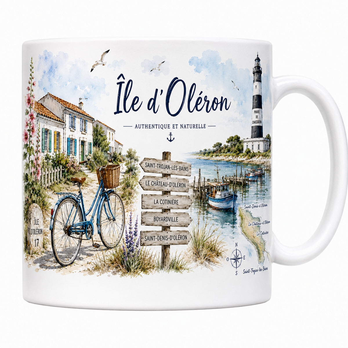 Mug céramique blanc Île d'Oléron « Authentique et naturelle » : phare de Chassiron et vélo en aquarelle