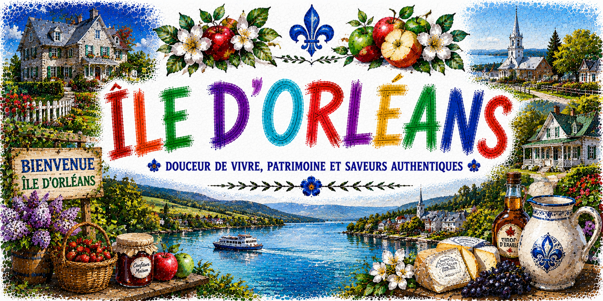 Visuel Île d'Orléans « douceur de vivre, patrimoine et saveurs authentiques » : pommes, confitures, fleur de lys