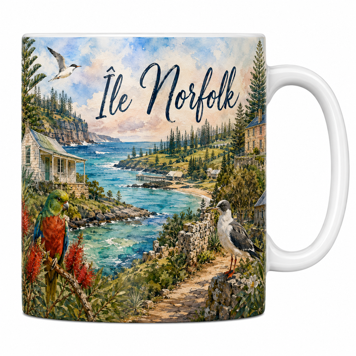 Mug céramique 330 ml Île Norfolk aquarelle : pins colonnaires, côte découpée et maison coloniale