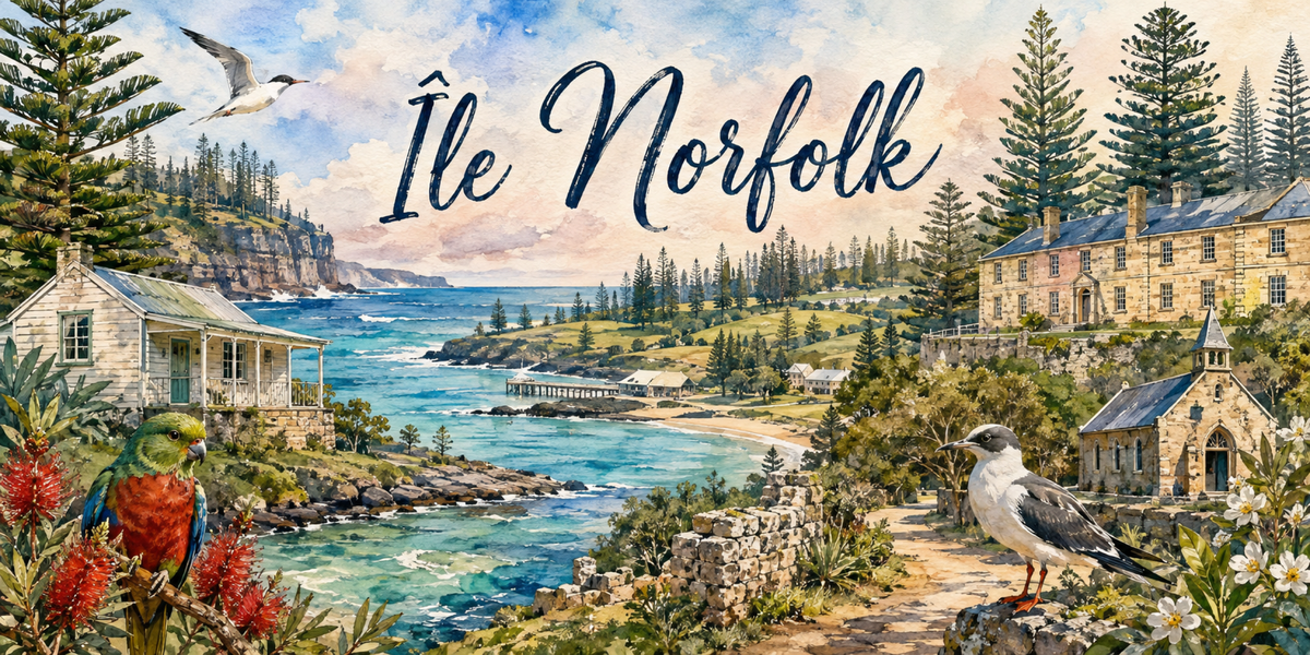 Visuel Île Norfolk aquarelle : pins colonnaires, cottages blancs, église de pierre et sternes