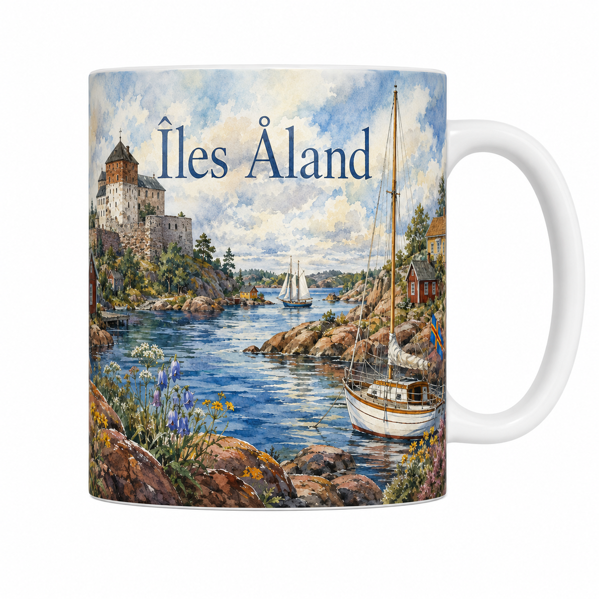 Mug céramique 330 ml Îles Åland aquarelle : château de Kastelholm, voilier et cabanes rouges