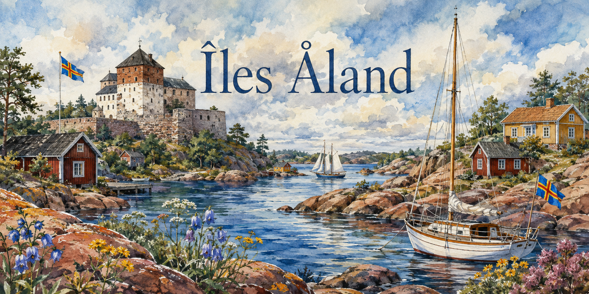 Visuel Îles Åland aquarelle : Kastelholm, grand voilier blanc, rochers roses et iris bleus