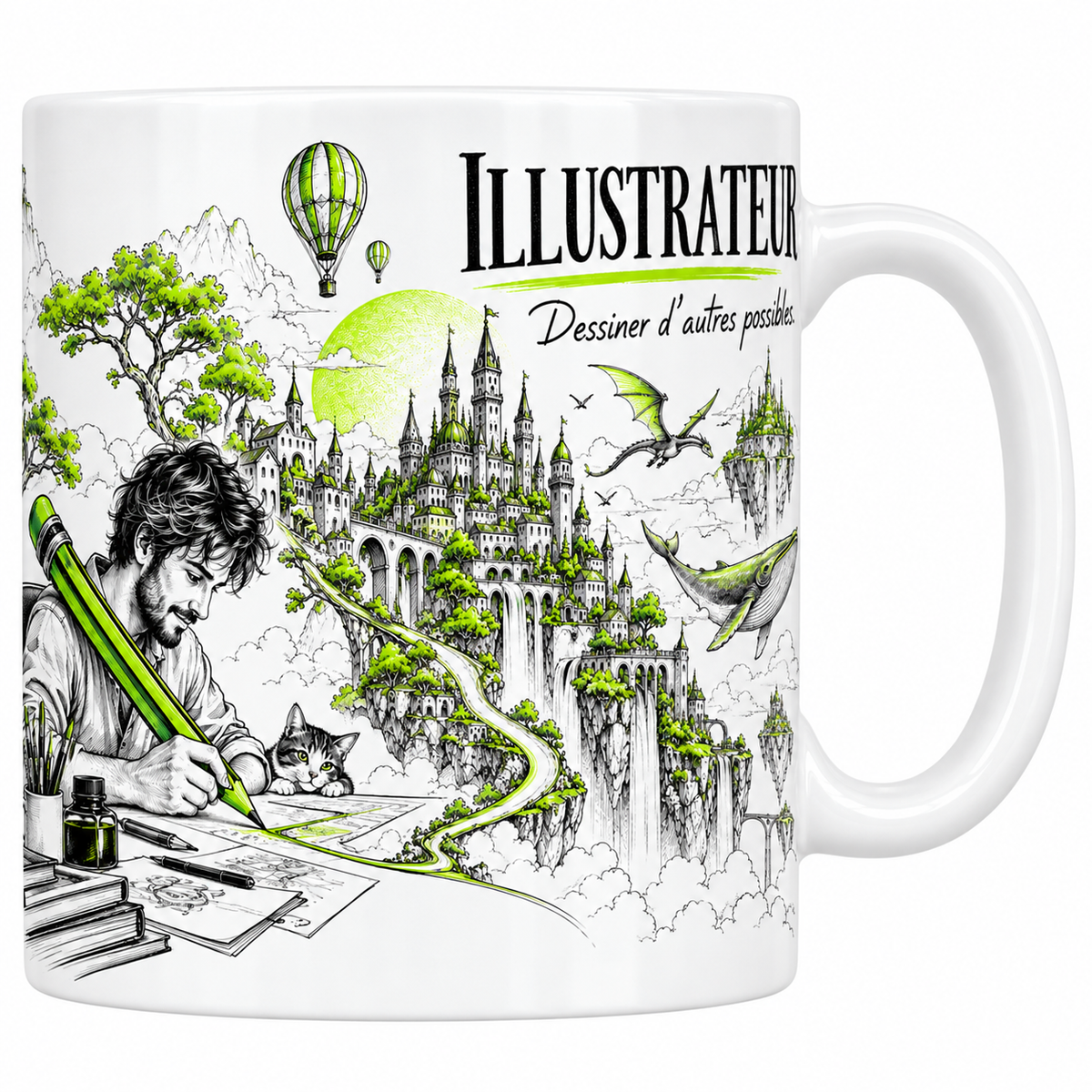 Mug illustrateur en céramique blanche 330 ml, le mot ILLUSTRATEUR en capitales noires soulignées de vert, la devise manuscrite Dessiner d'autres possibles, un illustrateur dessinant avec un grand crayon vert, un chat à ses côtés et une cité de châteaux qui sort de la feuille