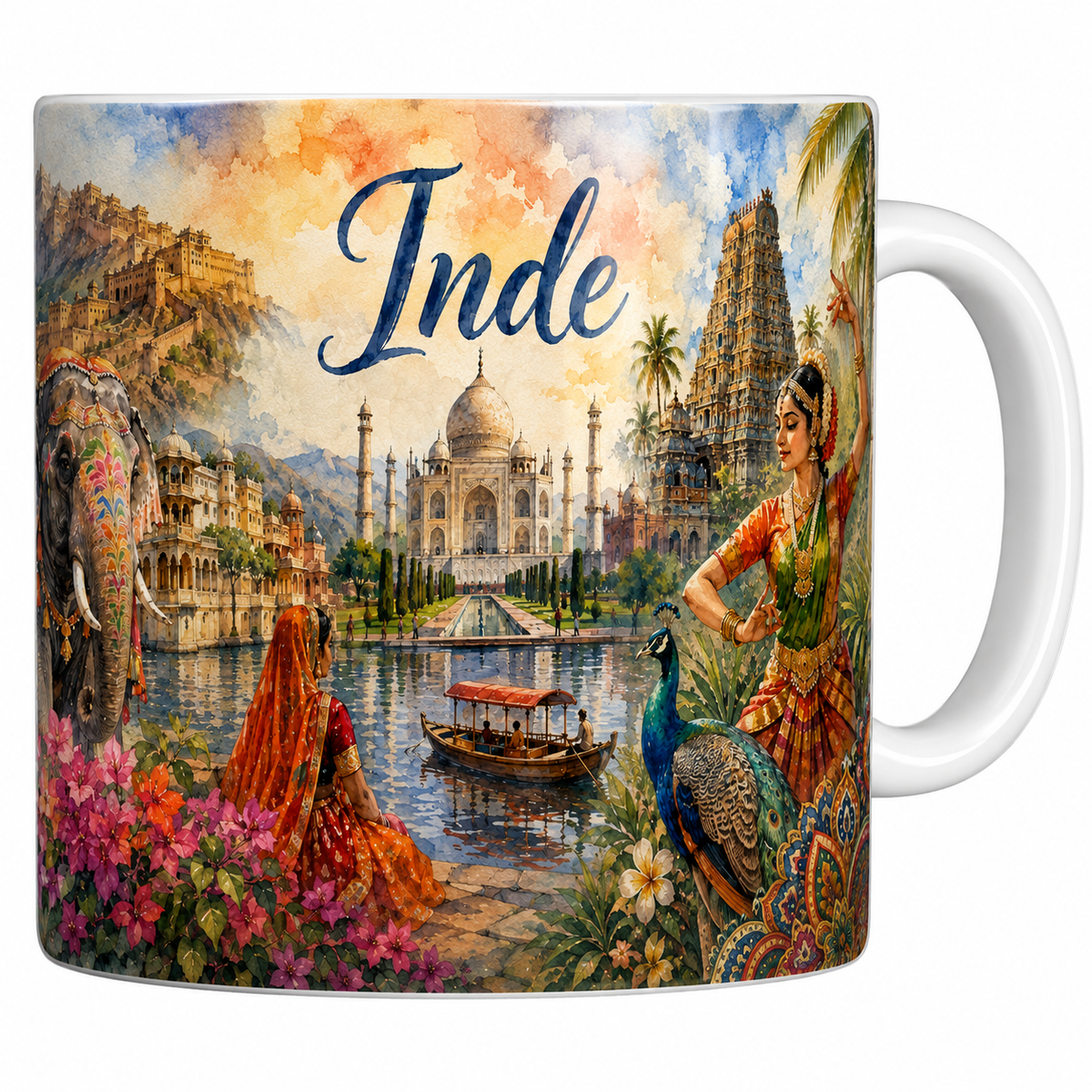 Mug céramique 330 ml Inde aquarelle : Taj Mahal, éléphant caparaçonné et paon