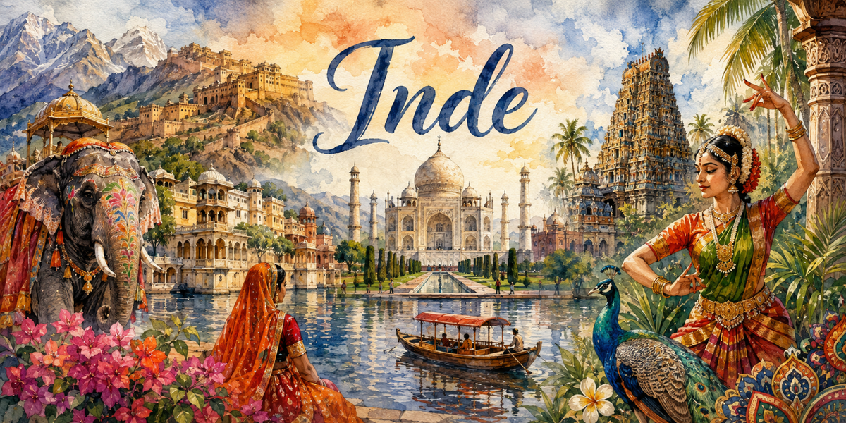 Visuel Inde aquarelle : Taj Mahal, palais d'Amber, éléphant, danseuse bharatanatyam et paon