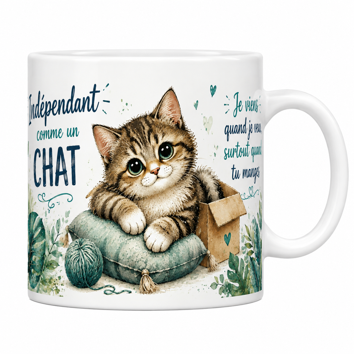 Mug céramique 330 ml « Indépendant comme un chat » : chaton tigré sur son coussin