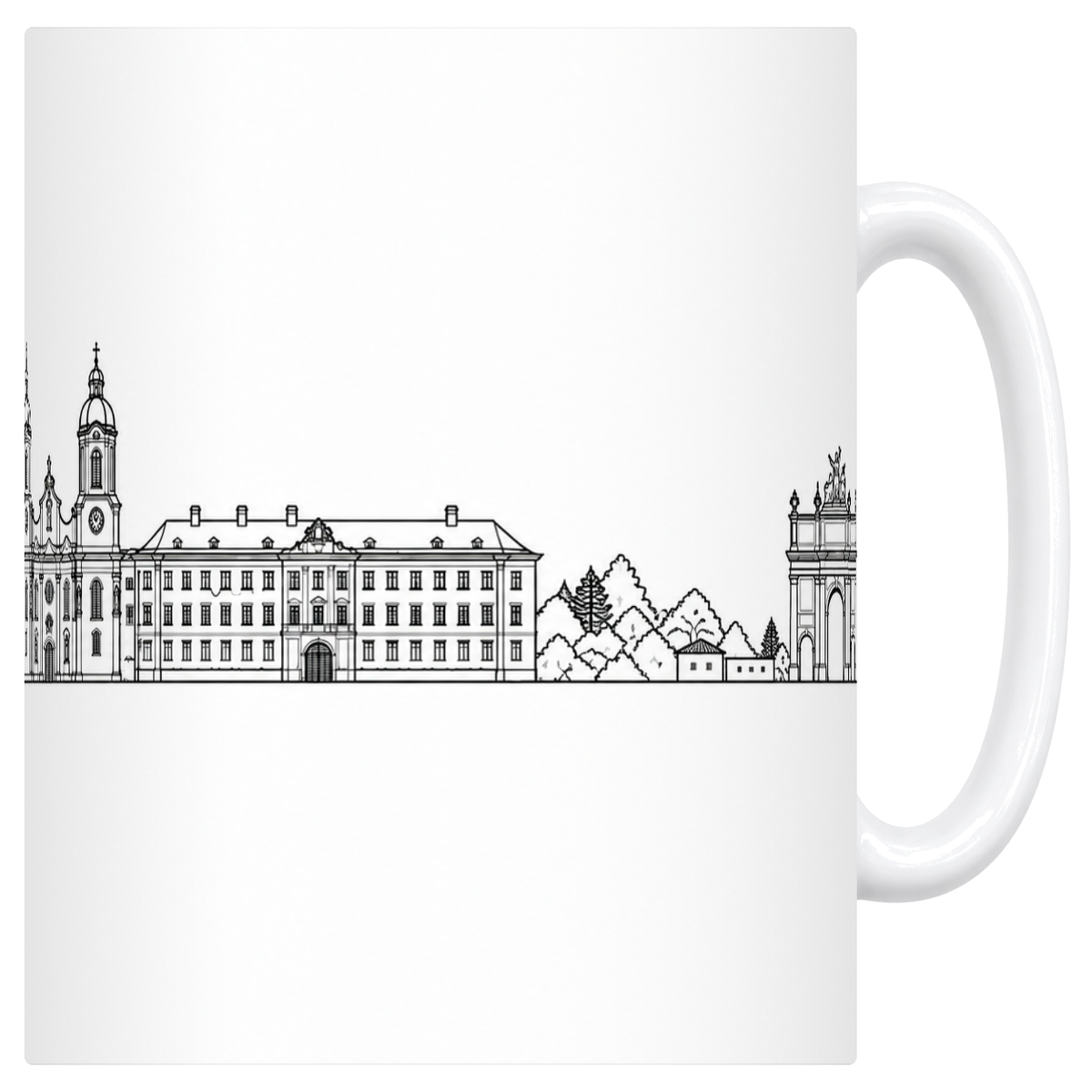 Mug blanc en céramique 330 ml illustré du skyline d'Innsbruck au trait noir : la maison au Petit Toit d'Or, la cathédrale baroque à deux clochers, la longue façade de la Hofburg et l'arc de triomphe