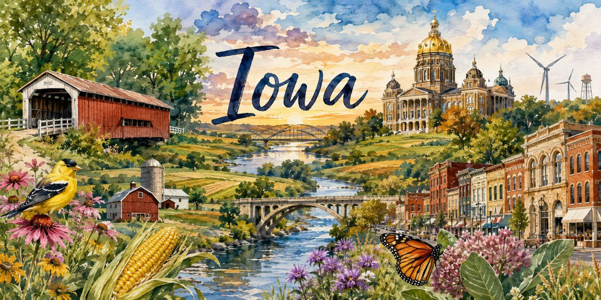 Visuel Iowa aquarelle : pont couvert, Capitole doré de Des Moines, éoliennes, maïs et monarque