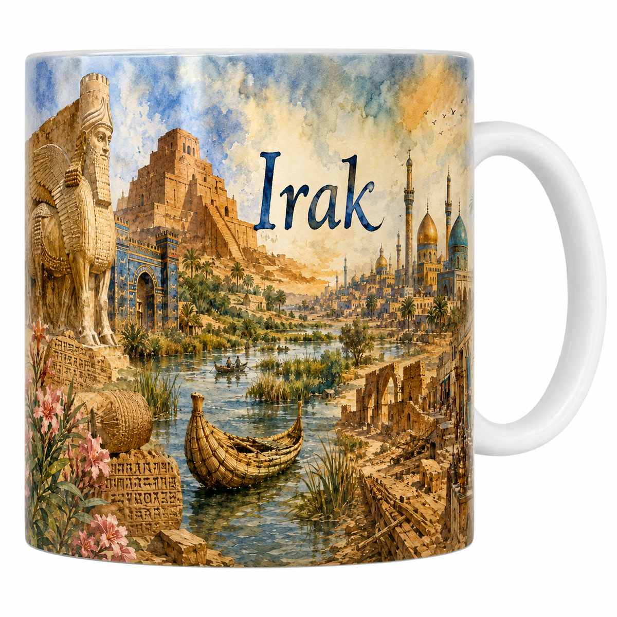 Mug céramique 330 ml Irak aquarelle : lamassu assyrien, porte d'Ishtar et Bagdad