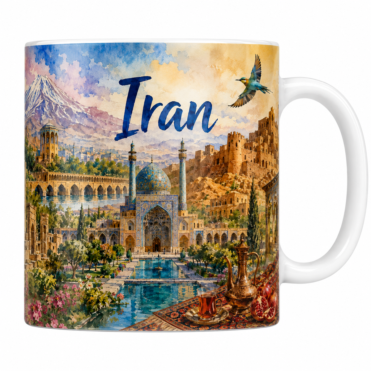 Mug céramique 330 ml Iran aquarelle : Persépolis, Ispahan et tapis persan