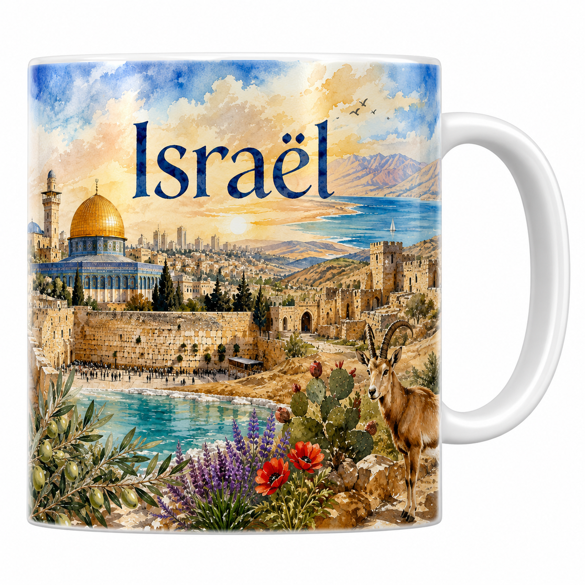 Mug céramique 330 ml Israël aquarelle : Dôme du Rocher, Jérusalem et Néguev