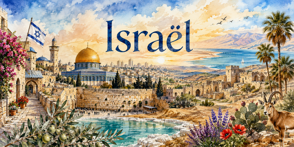 Visuel Israël aquarelle : Dôme du Rocher, Mur des Lamentations, Tel-Aviv et bouquetin du Néguev