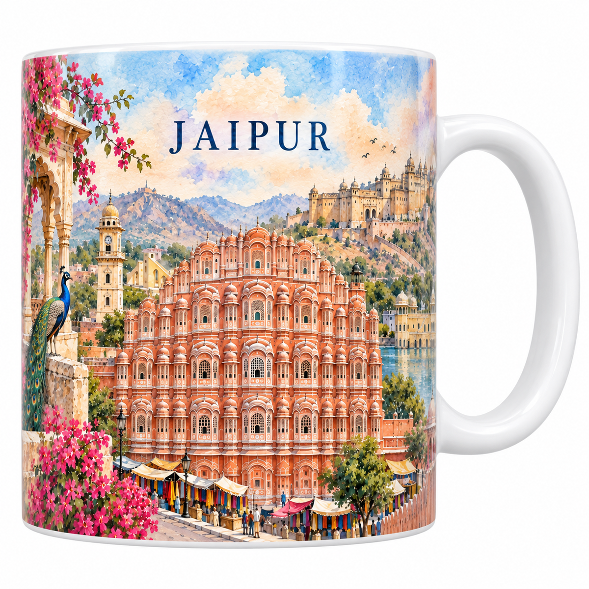 Mug blanc Jaipur aquarelle avec le Hawa Mahal rose, le fort d'Amber et un paon
