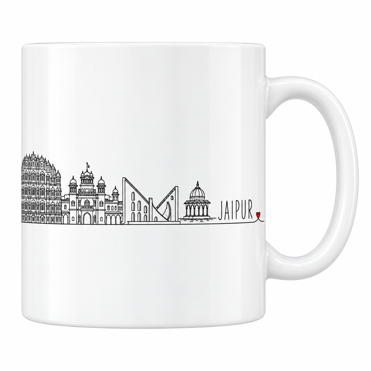 Mug blanc en céramique 330 ml illustré du skyline de Jaipur au trait noir : façade en nid d'abeille du Hawa Mahal, palais à coupoles, cadran solaire du Jantar Mantar et chhatri