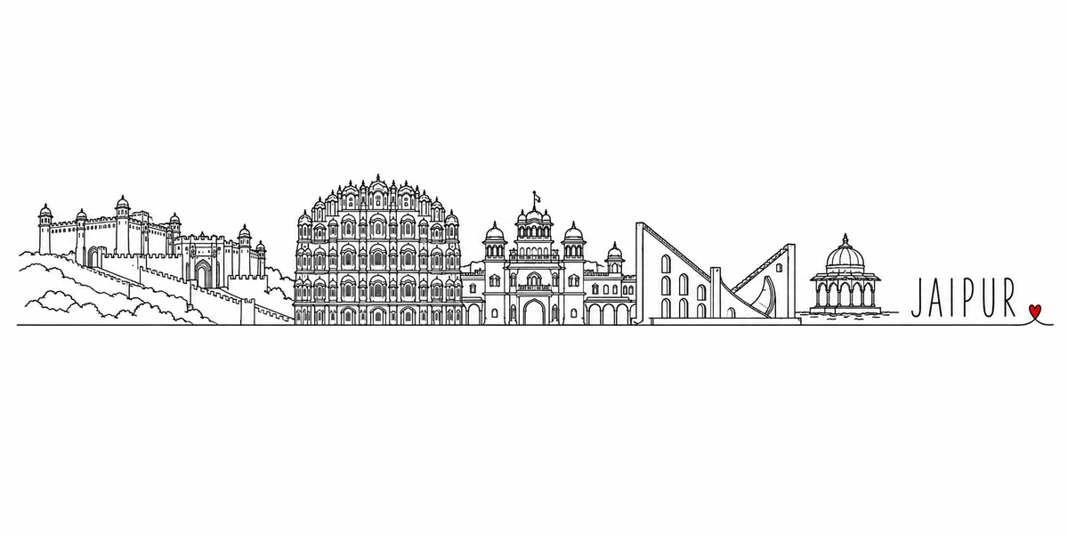 Skyline de Jaipur dessiné au trait noir continu, de gauche à droite : le fort d'Amber et la muraille qui court sur la crête, la façade en nid d'abeille du Hawa Mahal, le palais à coupoles et son drapeau, la porte monumentale, la grande rampe et le quadrant du cadran solaire du Jantar Mantar et un chhatri à coupole — avec le nom JAIPUR en capitales espacées et un petit cœur rouge