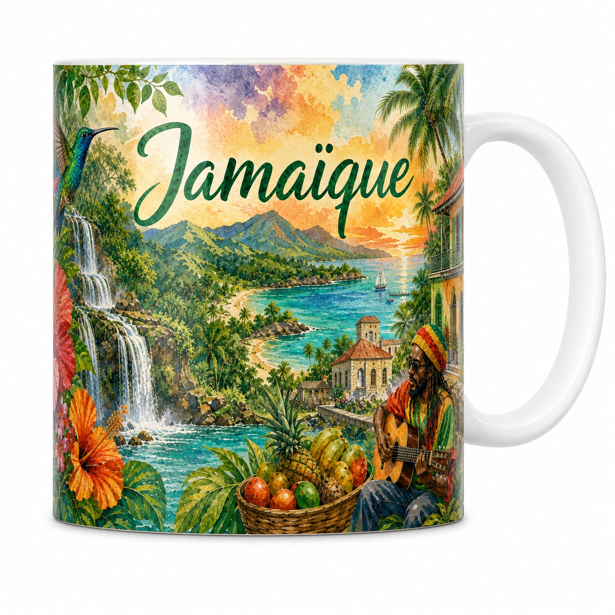 Mug céramique 330 ml Jamaïque aquarelle : Dunn's River, colibri et guitare reggae