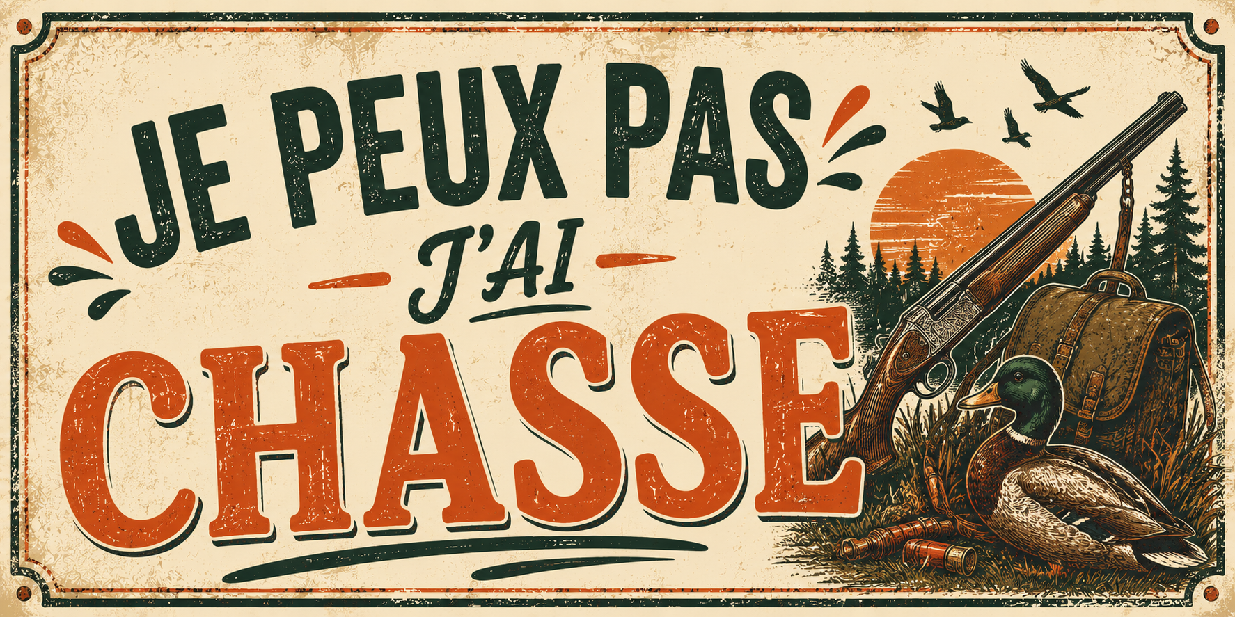 Visuel Je peux pas j'ai chasse : fusil de chasse, canard colvert, cartouches, gibecière et soleil couchant