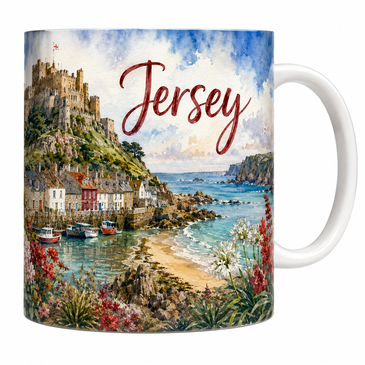 Mug céramique 330 ml Jersey aquarelle : château du Mont Orgueil, port de Gorey et baie de sable