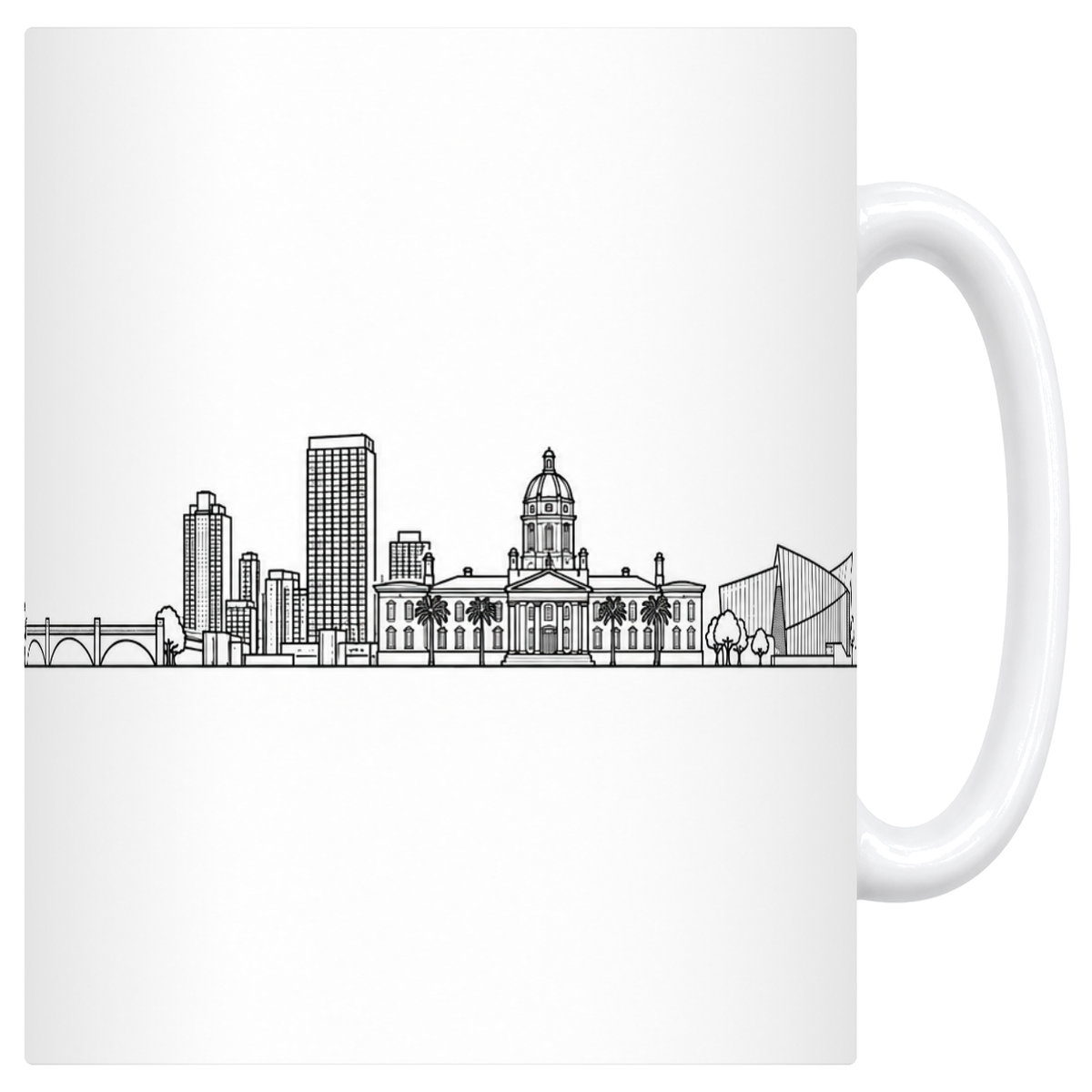 Mug blanc en céramique 330 ml illustré du skyline de Johannesburg au trait noir : le pont en arches, les gratte-ciel du centre, l'ancien palais de justice à coupole et le bâtiment à toiture facettée