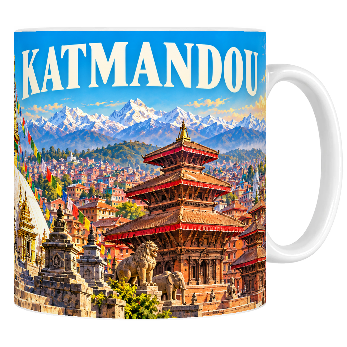 Mug en céramique blanc 330 ml, affiche Katmandou : stûpa de Bodhnath, pagodes de Durbar Square et Himalaya