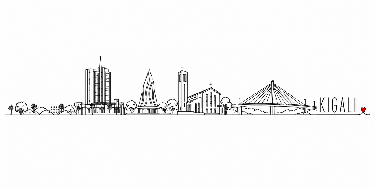 Skyline de Kigali dessiné au trait noir continu, de gauche à droite : les arbres et les palmiers, les tours de verre du centre des affaires, le monument à la flamme sur son socle à colonnes, les arbres, la tour-clocher et l'église à arcades, le pont à haubans et ses lampadaires — avec le nom KIGALI en capitales espacées et un petit cœur rouge