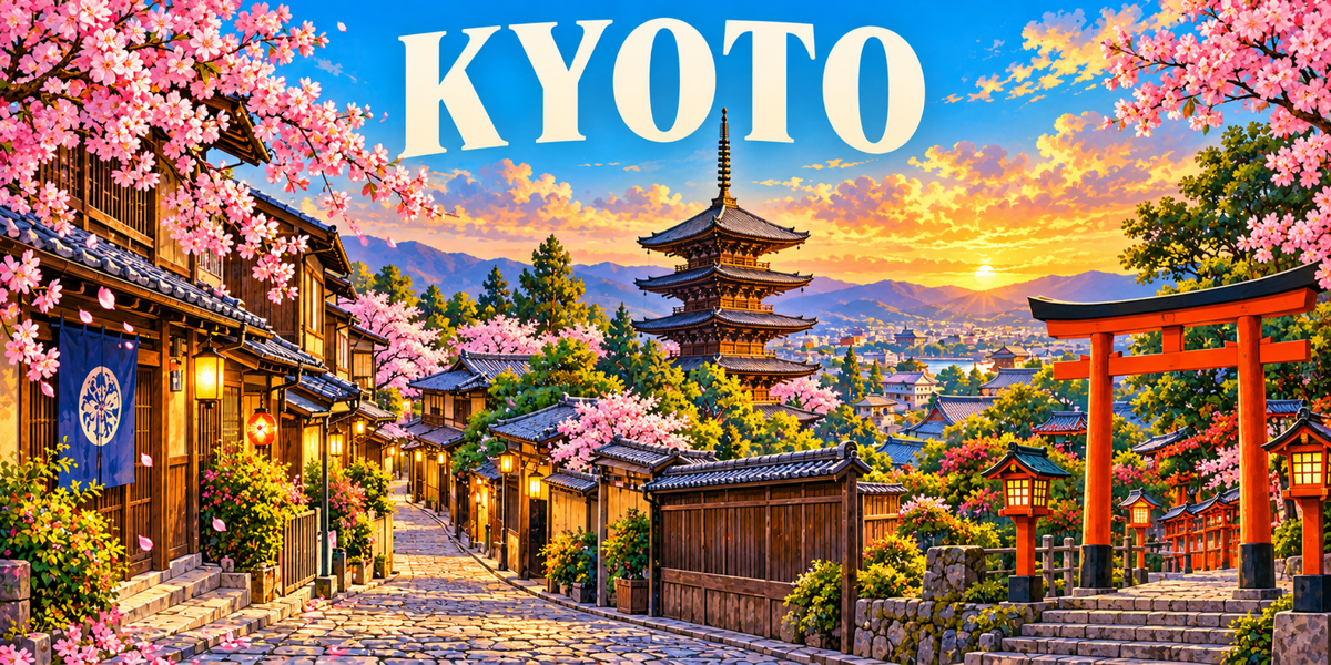 Visuel « KYOTO » : ruelle de Higashiyama, pagode Yasaka, torii vermillon et cerisiers en fleur