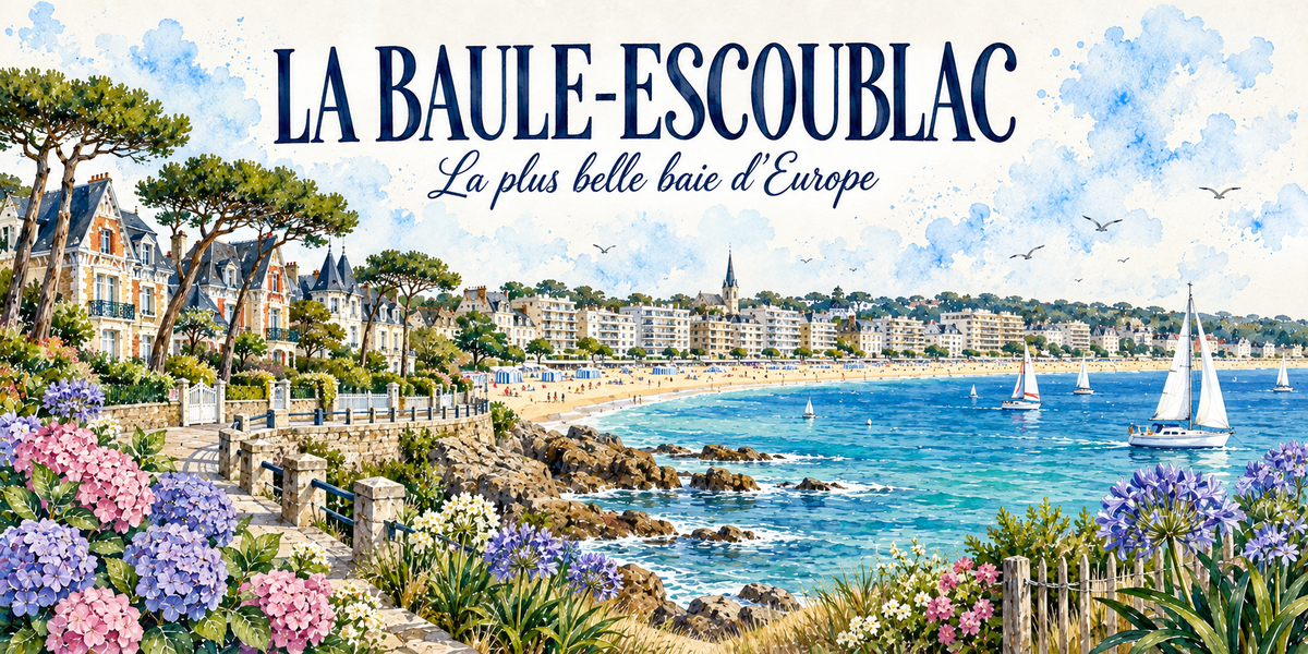 La Baule-Escoublac en aquarelle : villas Belle Époque, pins parasols, la plage en arc de cercle et les voiliers