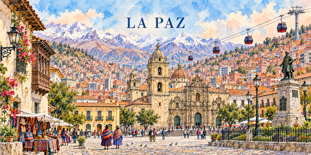 Aquarelle de La Paz : basilique San Francisco et sa façade sculptée, place pavée, marchandes en pollera et chapeau melon devant leurs étals de tissus, cabines rouges du téléphérique et Illimani enneigé
