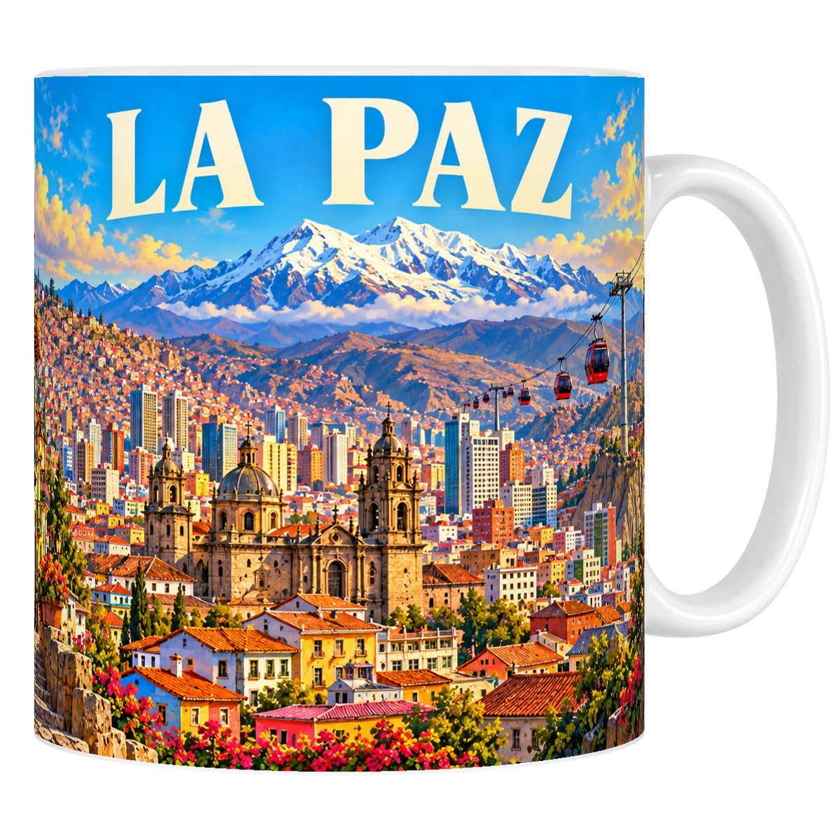 Mug en céramique blanc 330 ml, affiche La Paz : téléphériques urbains, ville dans le canyon et Illimani enneigé