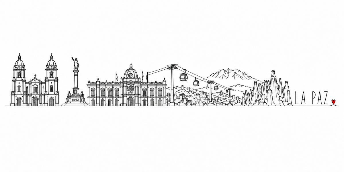 Skyline de La Paz dessiné au trait noir continu, de gauche à droite : la cathédrale et ses deux clochers, la colonne à statue sur son perron, le palais présidentiel à coupole et ses drapeaux, le téléphérique et ses cabines au-dessus des maisons à flanc de colline, le sommet enneigé et les aiguilles de la vallée — avec le nom LA PAZ en capitales espacées et un petit cœur rouge
