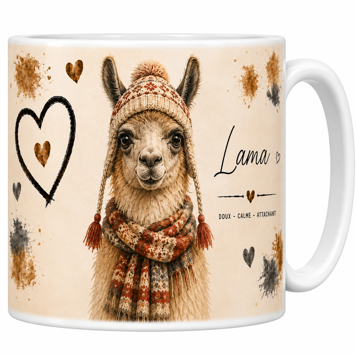 Mug céramique blanc Lama « Doux, calme, attachant » : lama en bonnet péruvien et écharpe, grand cœur
