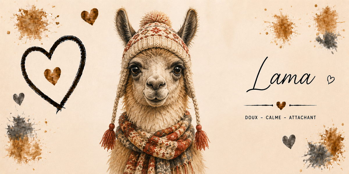 Design du mug Lama : portrait de lama en bonnet péruvien à pompons, gravure sépia, cœur noir et éclats dorés