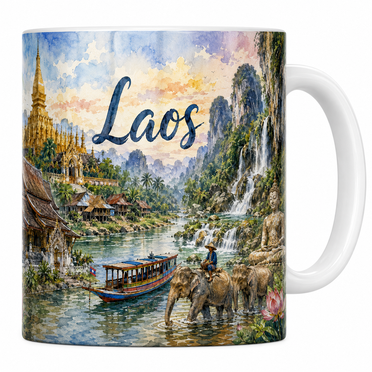 Mug céramique 330 ml Laos aquarelle : Luang Prabang, Mékong et éléphants